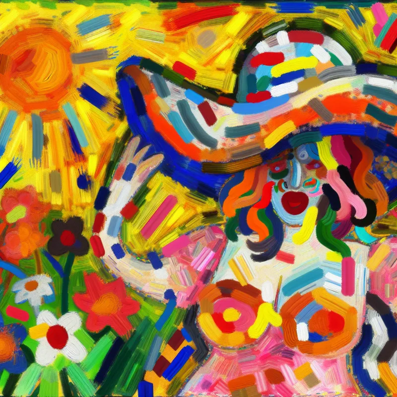 Vibrante afbeelding van een vrouw met een grote, stijlvolle hoed op een zonnige dag, omringd door kleurrijke bloemen en zonneschijn.