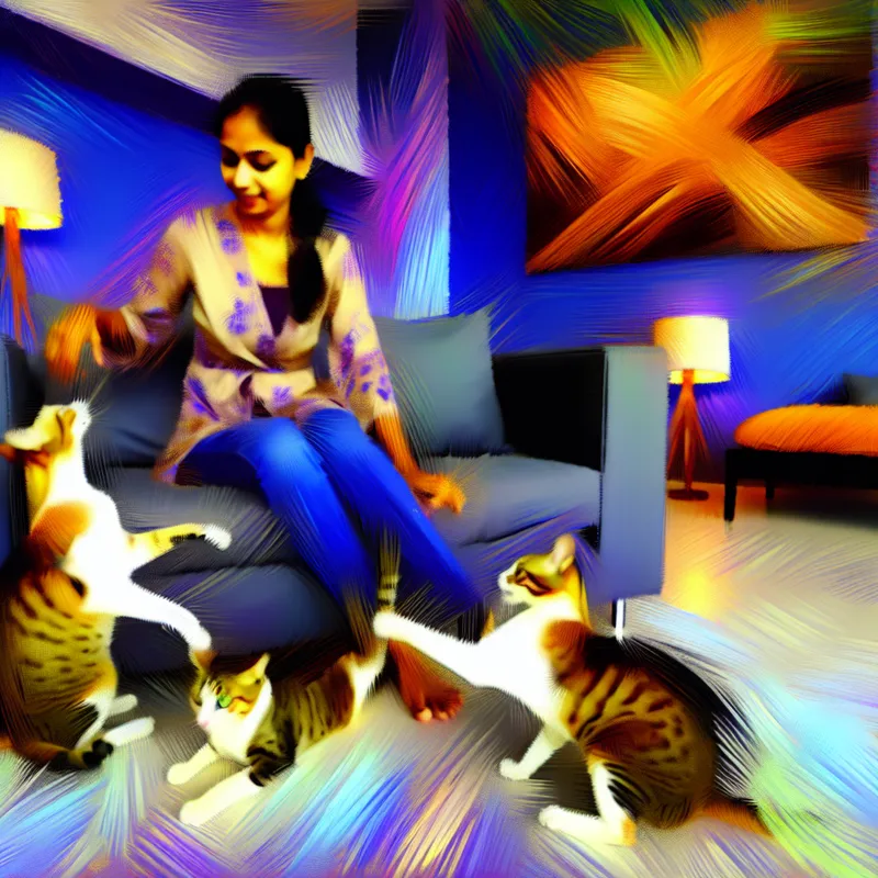 Vrouw zit in moderne woonkamer met drie spelende katten