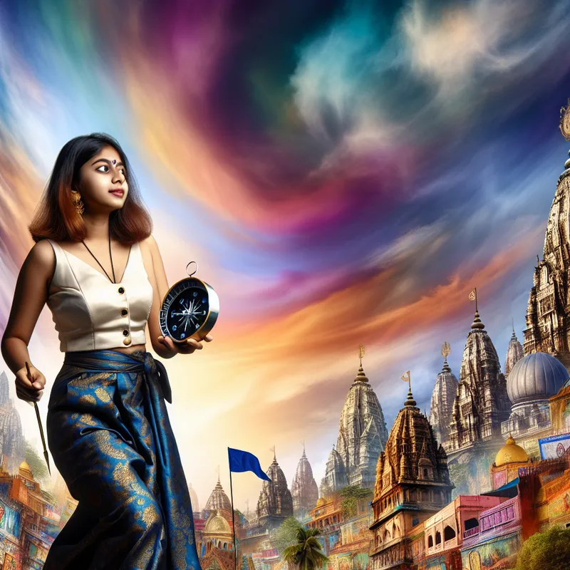 Hyper-realistische afbeelding van een vrouw die zelfverzekerd een stad verkent met een kompas in de hand, omgeven door surrealistische architectuur en een kleurrijke lucht.