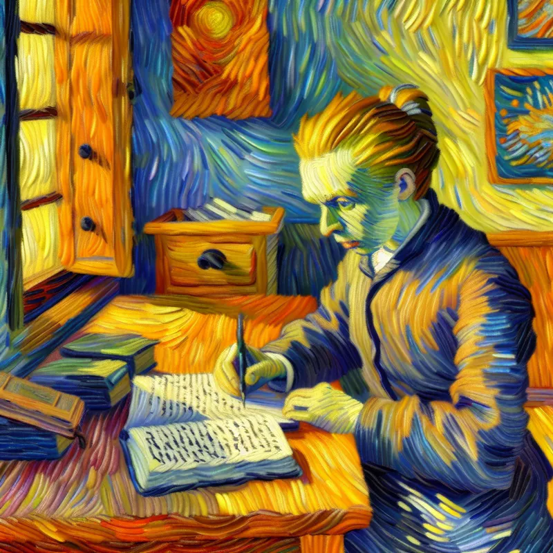 Vrouw aan een houten tafel, diep in gedachten met een journal, omgeven door warme kleuren en kunstwerken.