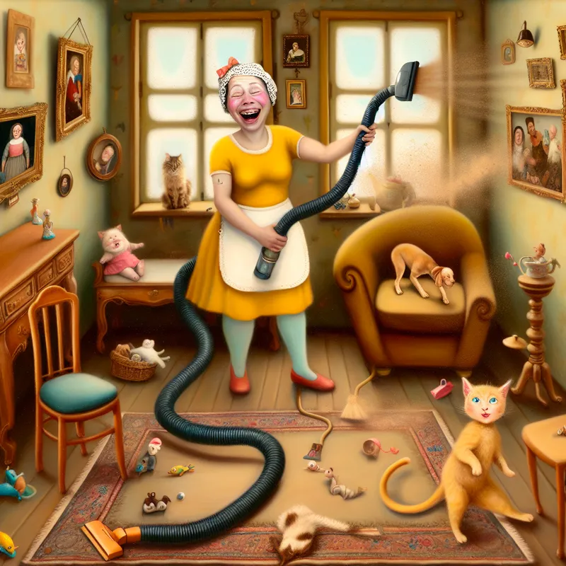 Een vrouw die blij een stofzuiger gebruikt in een levendige woonkamer met een speelse kat en rommeltjes op de grond.