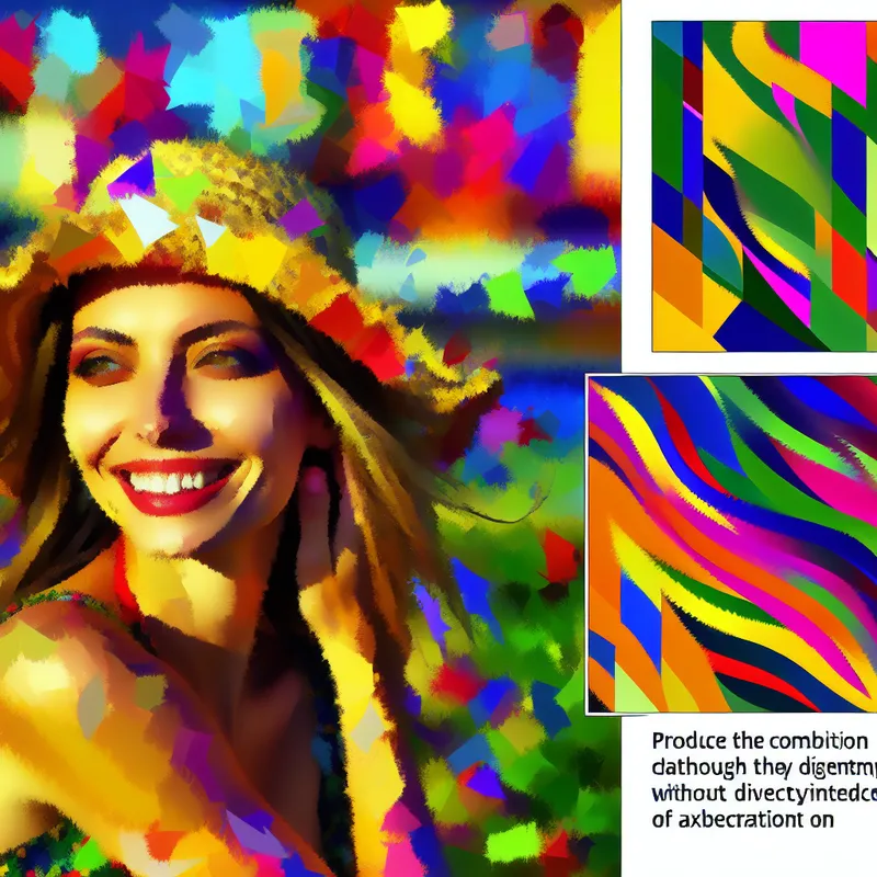 Vrouw met stralende glimlach in een kleurrijke abstracte buitenomgeving