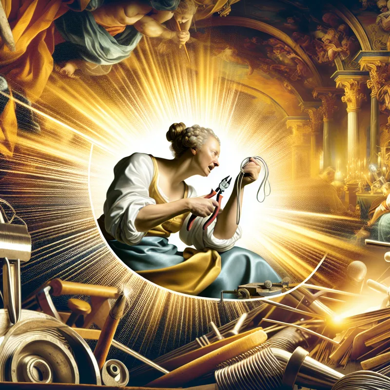 Vrouw met krachtige armen die met tangen een dikke draad vasthoudt in een drukke werkplaats