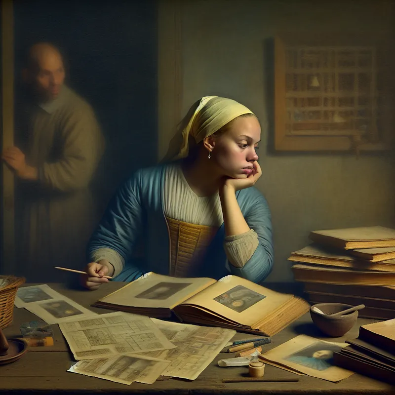 Jonge vrouw zit aan een houten tafel, denkend over de redenen achter haar keuzes, omringd door boeken en schetsen.
