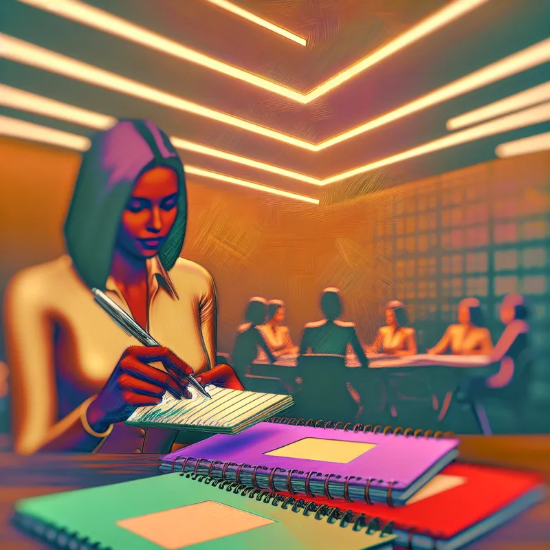 Vrouw die notities schrijft in een kleurrijk notitieboek in een retro-futuristische kantooromgeving