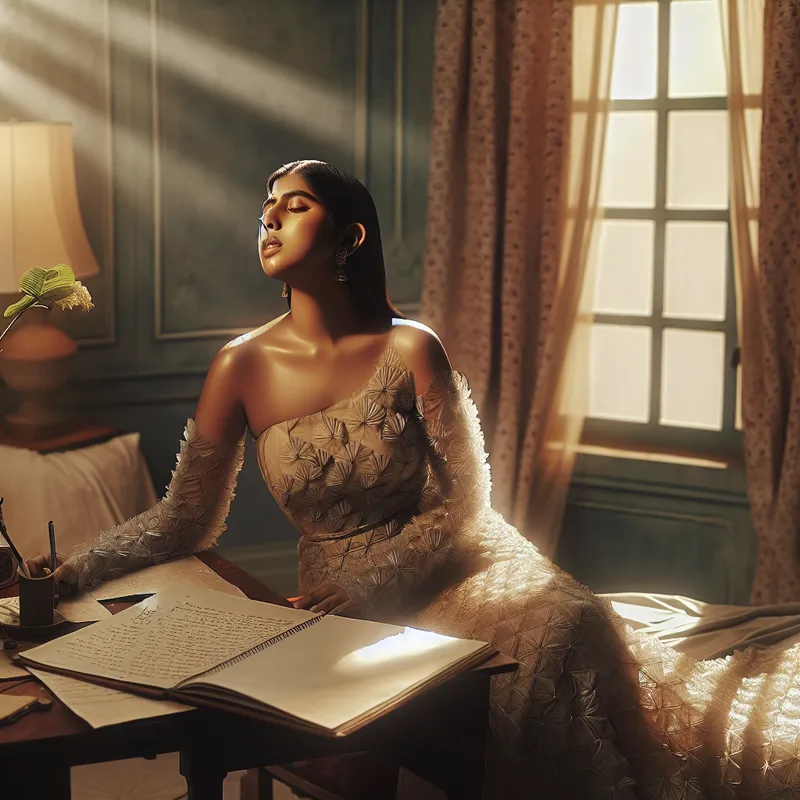 Een vrouw met elegante kenmerken die in de ochtendzon zit terwijl ze zich voorbereidt op de dag, met een open dagboek op de tafel.