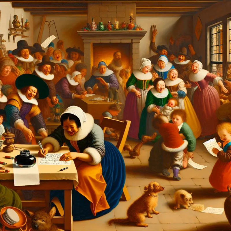 Een vrouw die vrolijk een brief ondertekent in een drukke woonkamer met kinderen en huisdieren.