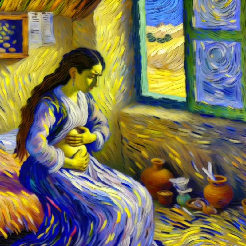 Vrouw met pijnlijke uitdrukking, zittend in een kleurrijke kamer en haar buik vasthoudend, met een zonnig uitzicht op het raam.