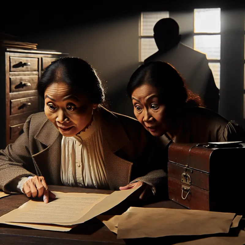 Een vrouw leunt over een bureau en kijkt gefascineerd naar een vertrouwelijk document in een zwak verlichte kantooromgeving, met een schimmige figuur op de achtergrond.