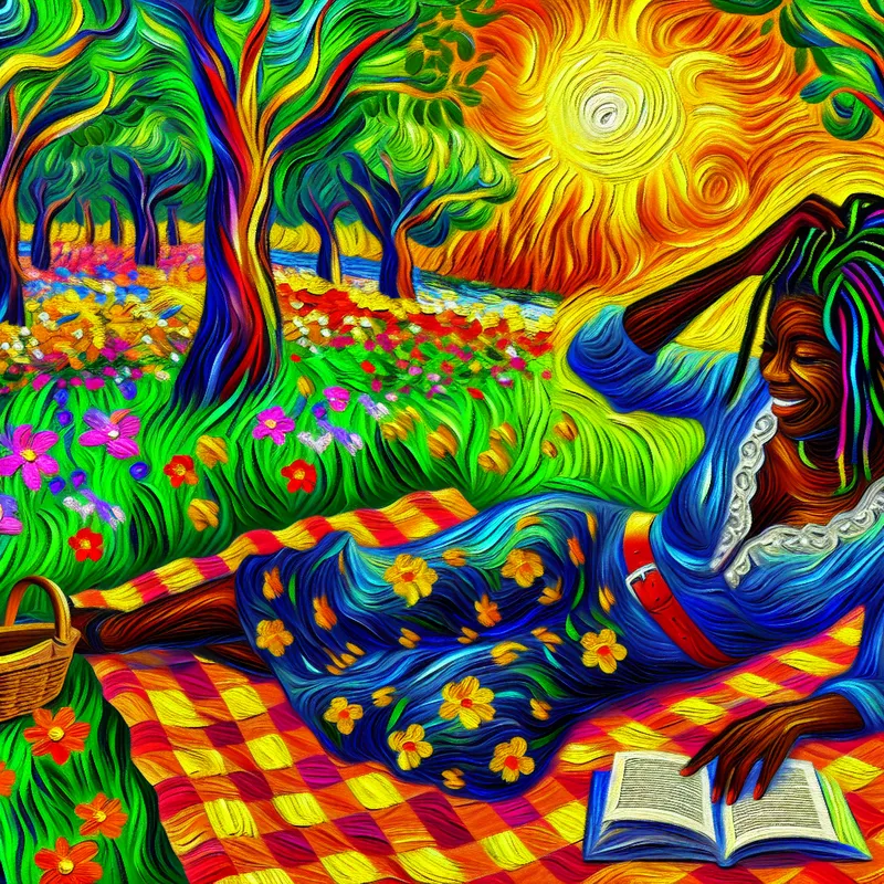 Een vrouw in een ontspannen outfit ligt op een picknickkleed in een zonnig park tussen kleurrijke bloemen.