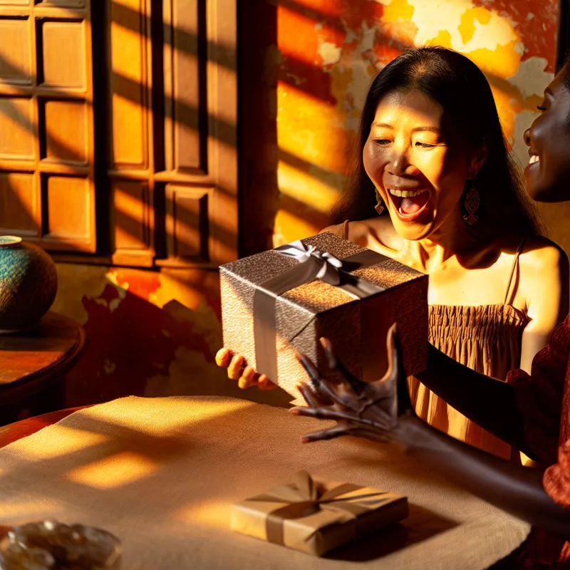 Vrolijke vrouw ontvangt een prachtig ingepakt cadeau van haar vriendin in een gezellige, warm verlichte kamer.