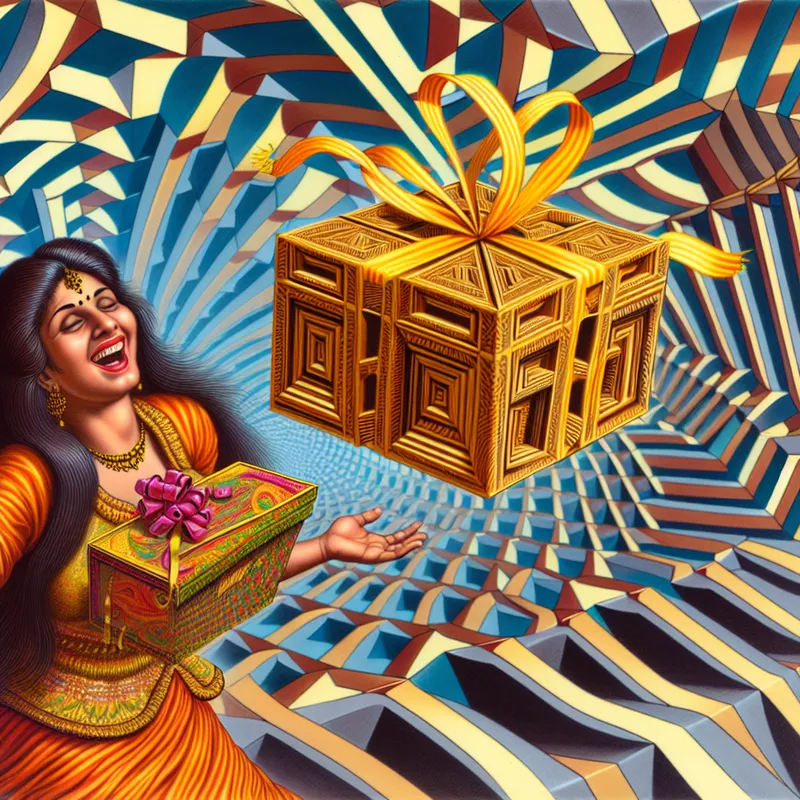 Vrouw ontvangt een prachtig ingepakt cadeau met een schitterende aura, omringd door een optische illusie die de vreugde van het moment versterkt