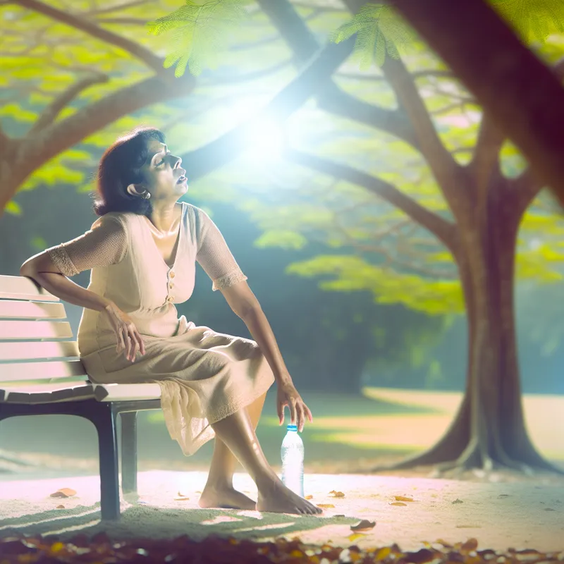 Vrouw in een zomerse jurk rustend op een bankje in het park, met een waterfles naast zich.