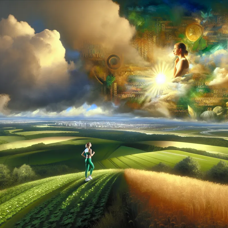 Vrouw staat op een heuveltop en kijkt vastberaden naar de horizon, omringd door groene velden en dramatische wolken die zonlicht uitstralen.