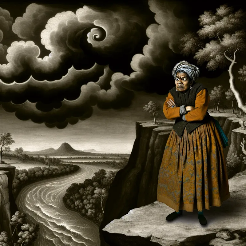 Vrouw op een rotsachtige klif met gefrustreerde uitdrukking, omringd door een dramatisch landschap met een turbulente lucht en een woelige rivier
