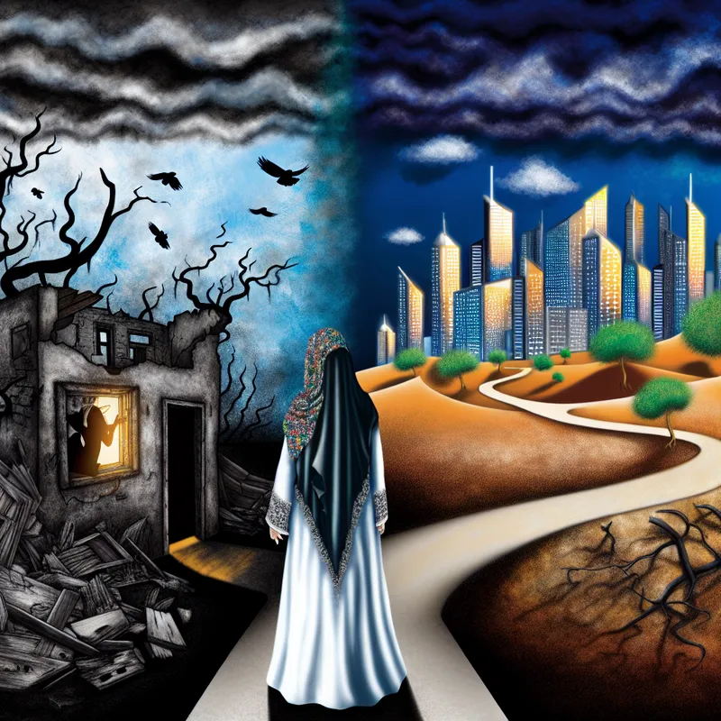 Een vrouw staat op een kruispunt met een duistere landschap aan de ene kant en een heldere stad aan de andere kant, symboliserend verlangen naar verandering.