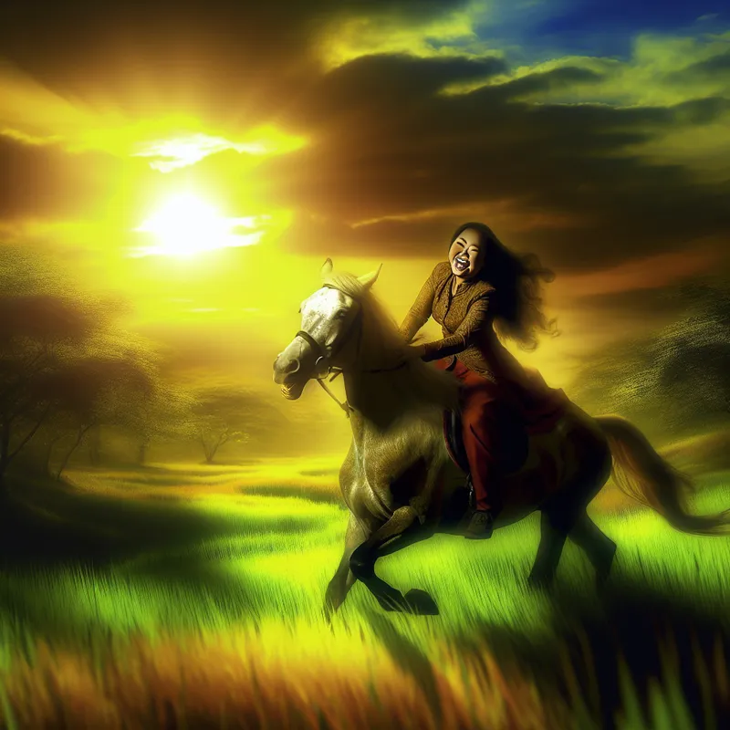 Een vrouw die op een majestueus paard door een weelderig groen weiland rijdt tijdens een gouden uur zonsondergang.