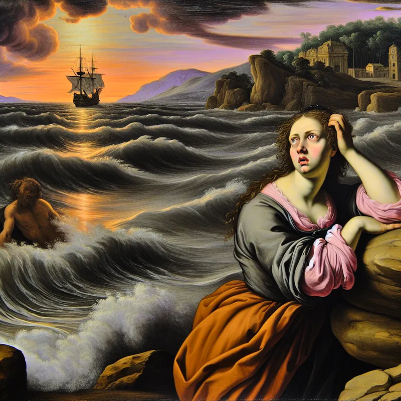 Vrouw op een rotsachtige kust met een starende blik naar een schip in de verte bij zonsondergang