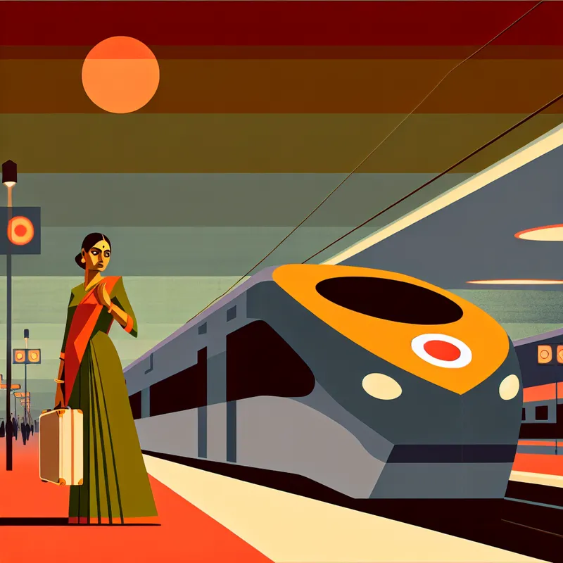 Een vrouw op een treinstation die klaarstaat om in te stappen op een retro-futuristische trein, met een uitdrukking van spanning en bezorgdheid.