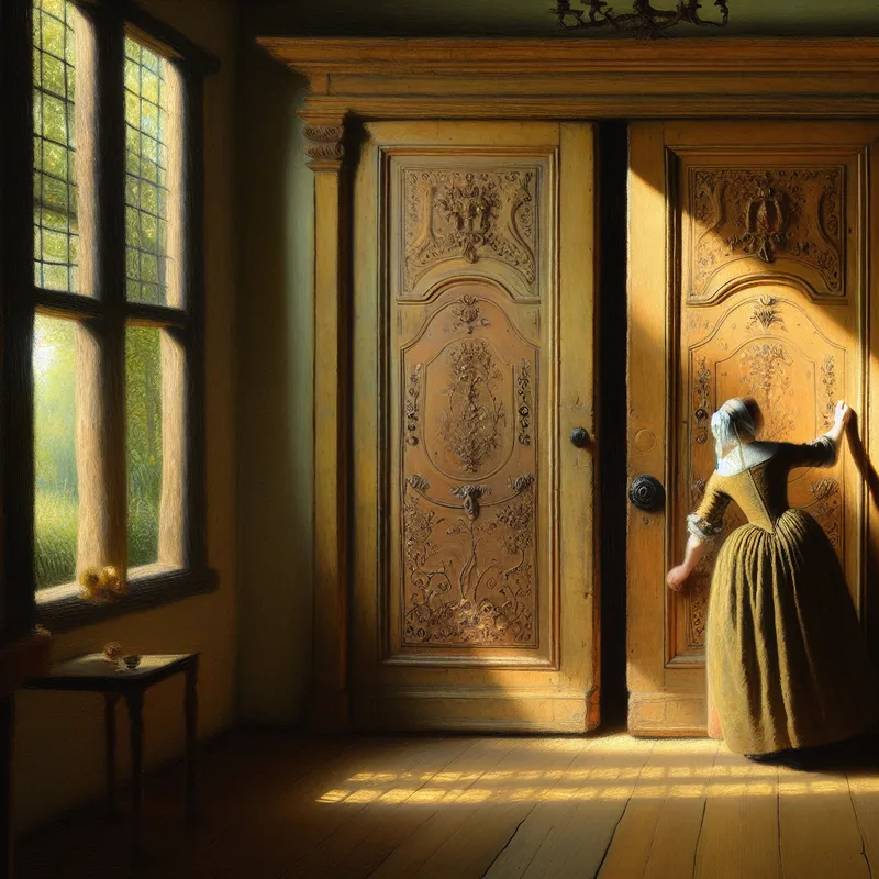 Vrouw in periode jurk opent een grote houten deur in een zonovergoten kamer.