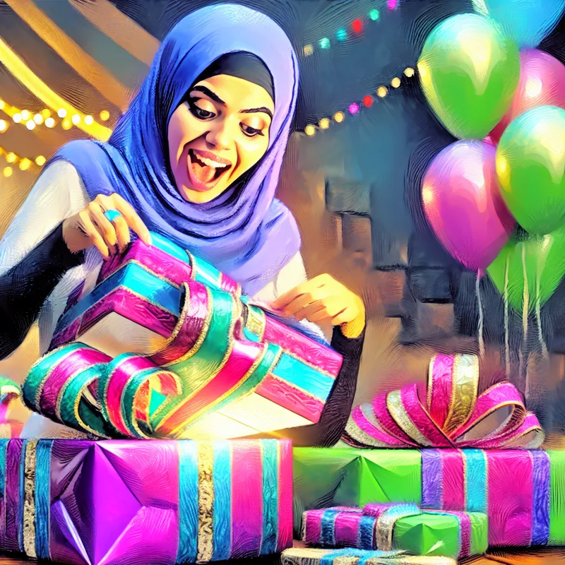 Jonge vrouw opent een kleurrijk cadeau met een blije uitstraling, omringd door ballonnen en een verjaardagstaart.