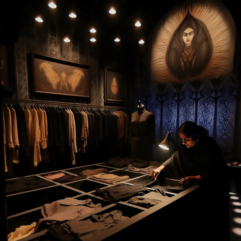 Vrouw organiseert kleding in een duistere, gothic-stijl kamer