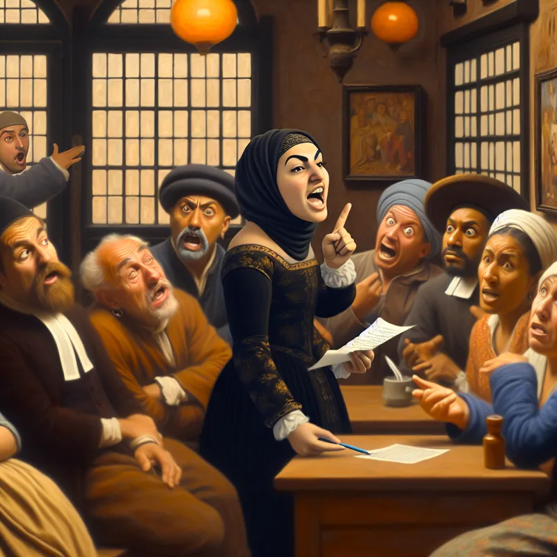 Vrouw staat vastberaden in een druk café, omringd door een groep mensen die verschillende emoties tonen tijdens een discussie.