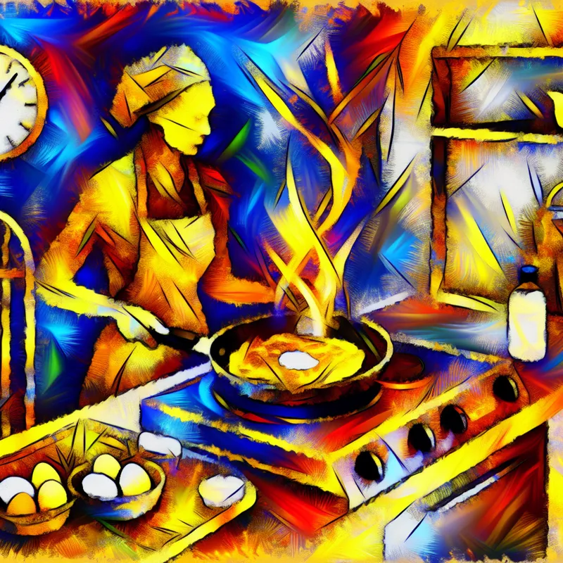 Een vrouw in een levendige keuken die een gouden pannenkoek omdraait in een pan, omringd door ingrediënten zoals eieren en melk.