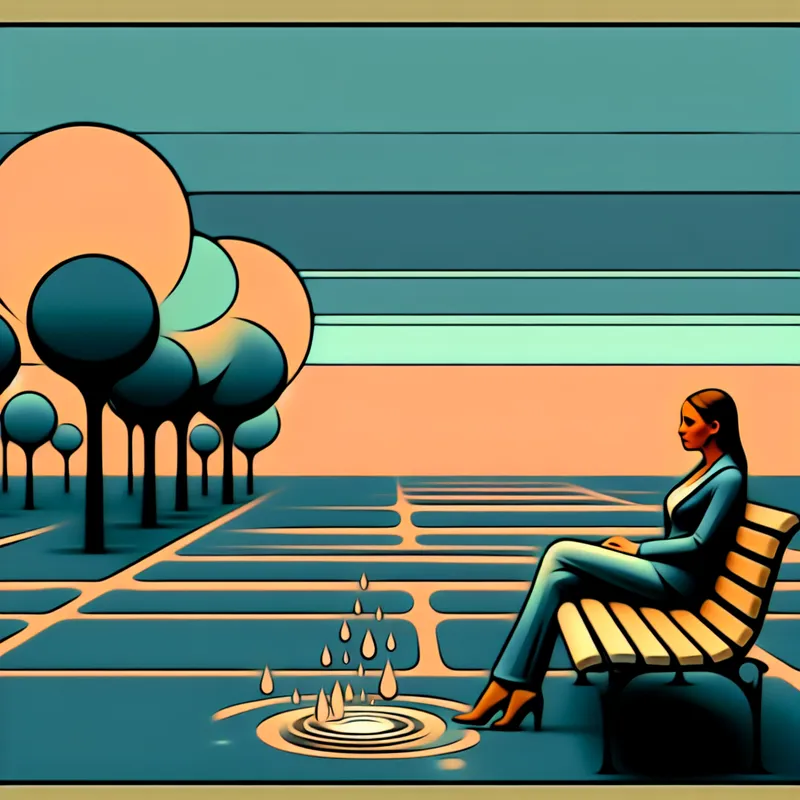 Een alleen zittende vrouw op een bankje in een park, starend naar de horizon terwijl het zachtjes regent.