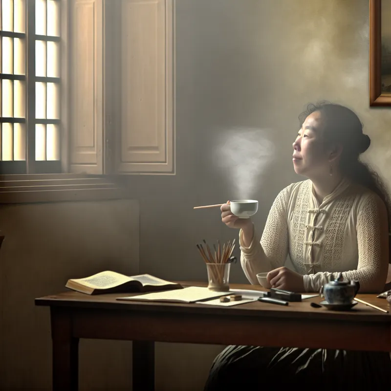 Vrouw pauzeert met een kop koffie in een sfeervol verlichte ruimte