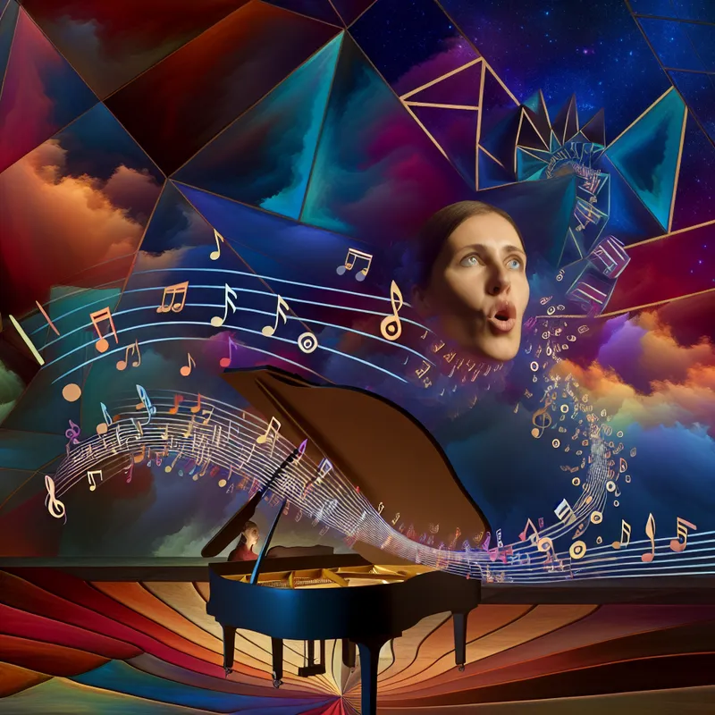 Vrouw speelt een enorme piano te midden van geometrische patronen en zingt, omgeven door drijvende muzieknoten en interlockende vormen.