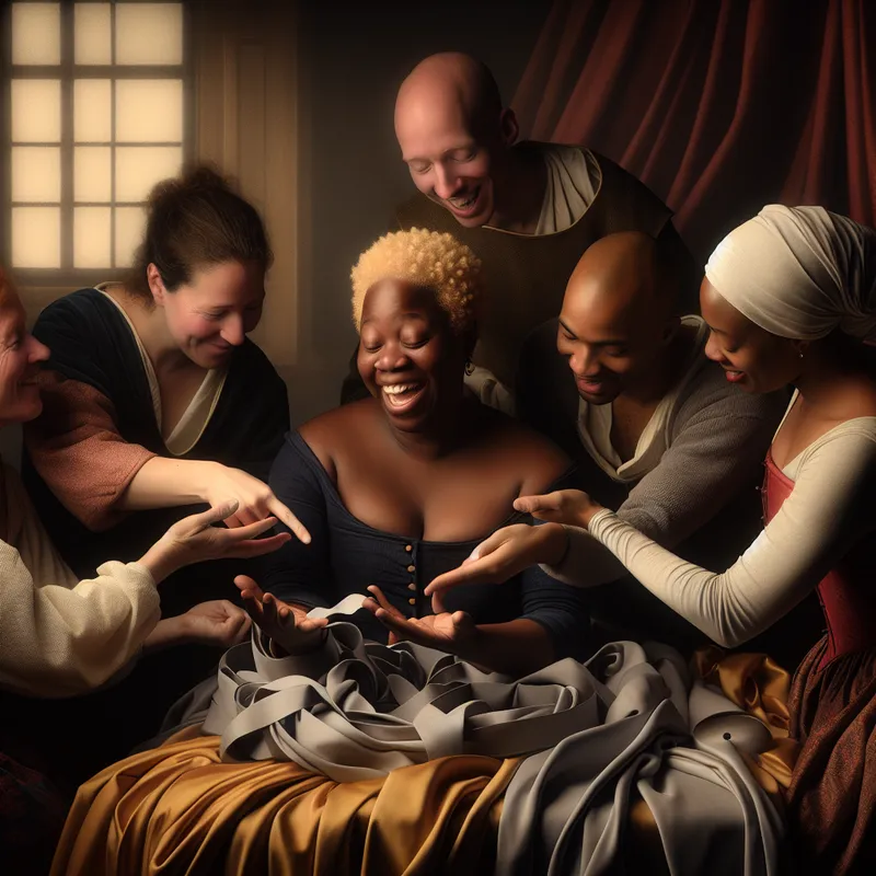 Vrouw presenteert haar project met vrienden die haar aanmoedigen in een warme, intieme sfeer.