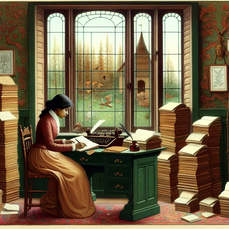 Een jonge vrouw die aan een houten bureau zit en zich verdiept in het schrijven van haar proefschrift over klimaatverandering.