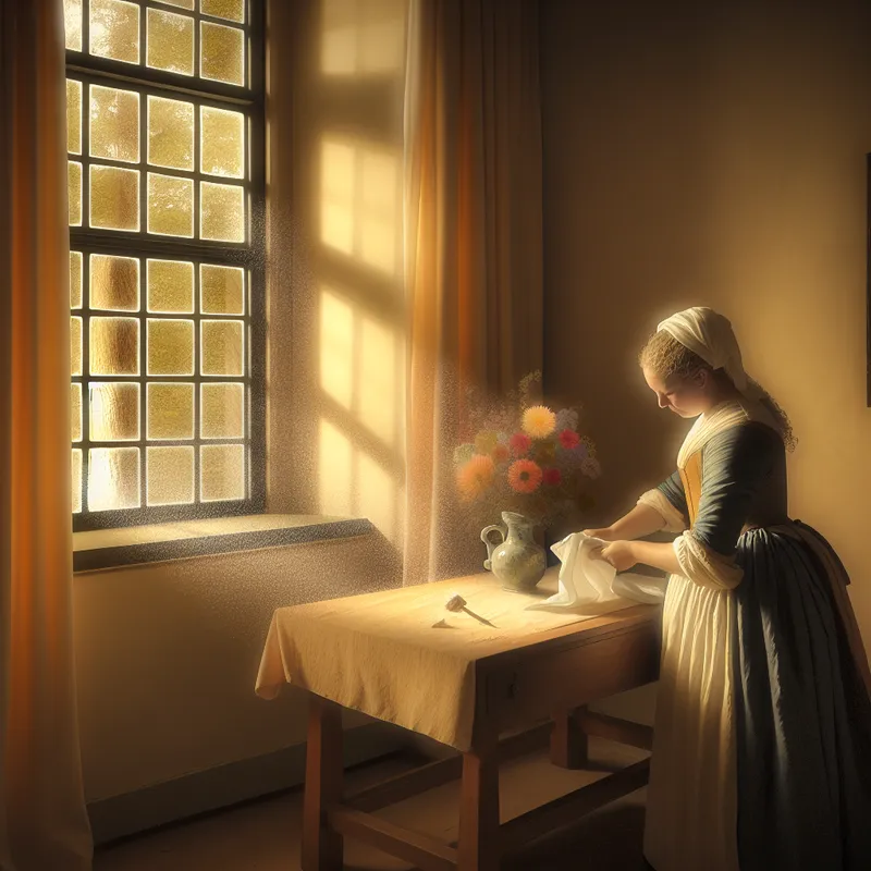 Vrouw in 18e-eeuwse kleding die een raam schoonmaakt in een zonovergoten kamer.