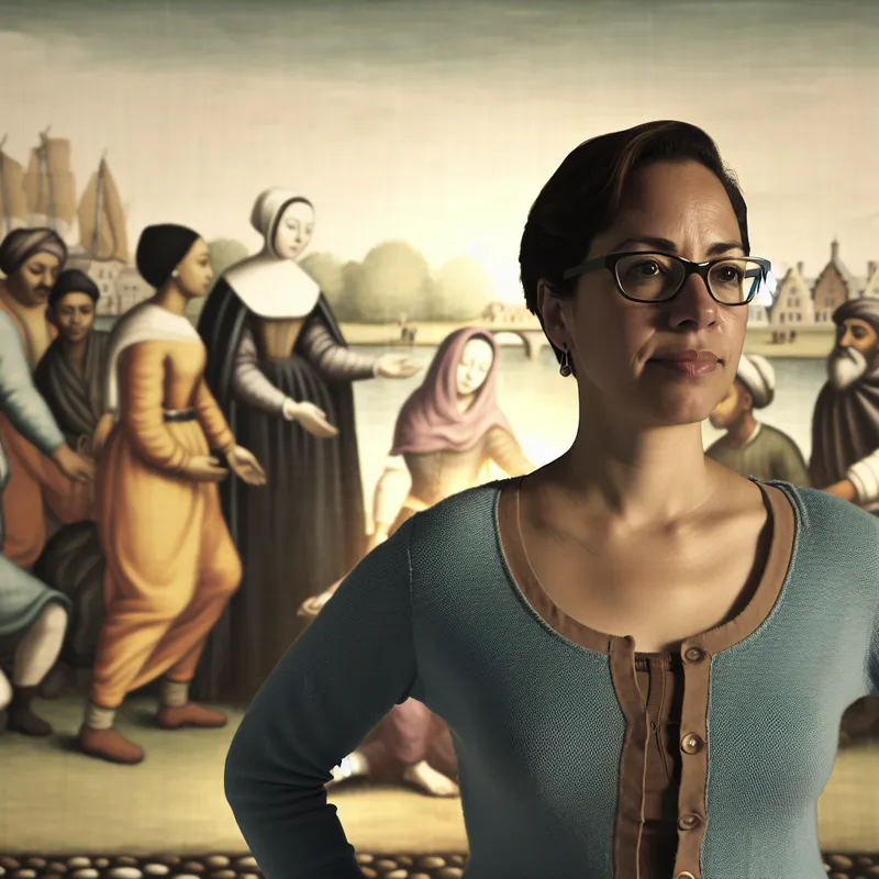 Een vastberaden vrouw staat voor een diverse groep, die haar strijd voor de rechten van minderheden symboliseert, met een serene achtergond en zachte verlichting.