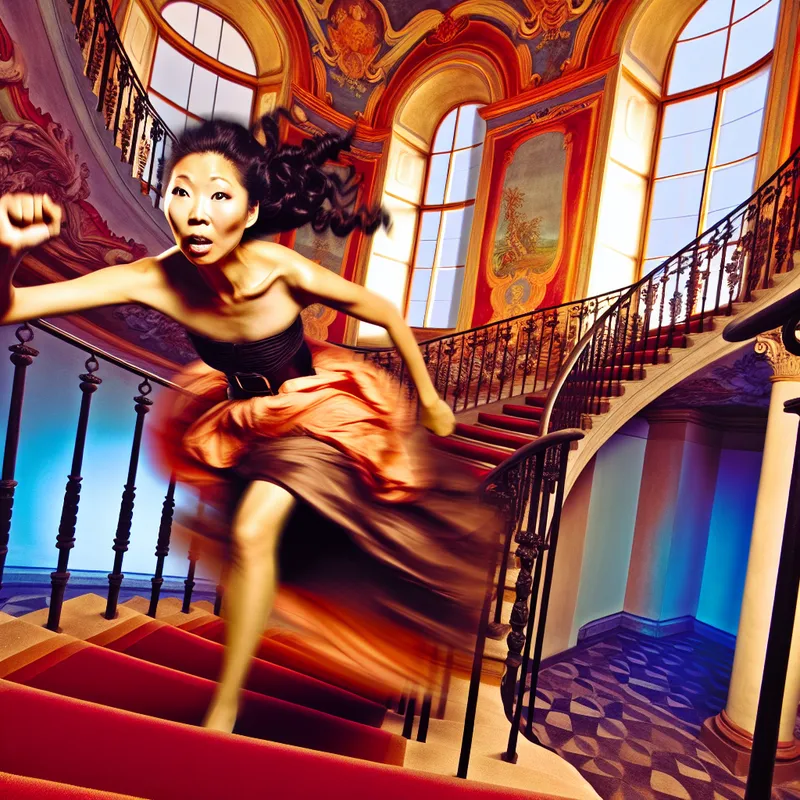 Vrouw die energiek een trap op rent, terwijl ze de leuningen stevig vasthoudt in een Barokke interieur.
