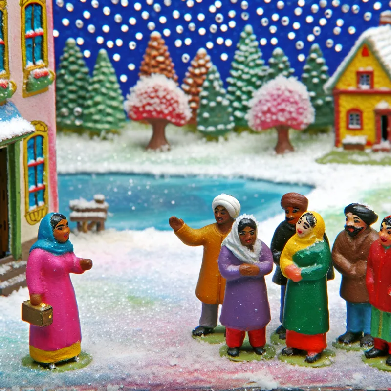 Een vrouw in warme kleding roept naar haar vrienden in een sneeuwachtige winterlandschap.