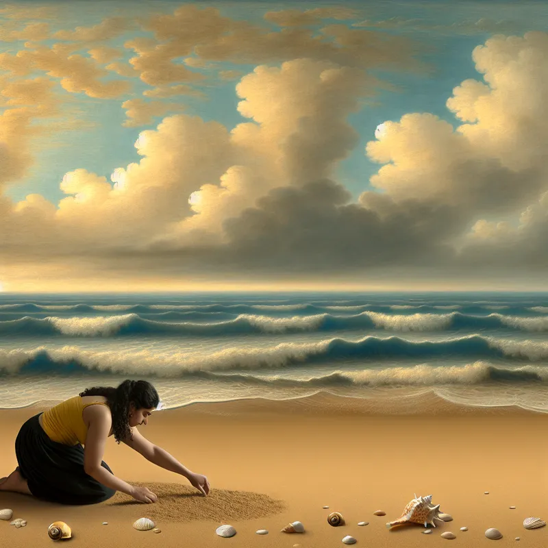 Een vrouw die op een strand knielt en door het gouden zand rommelt met haar vingers terwijl de golven zachtjes de kust raken.