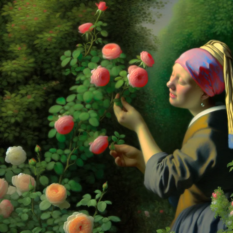 Een vrouw in een serene tuin die geniet van de geur van een rozenstruik.