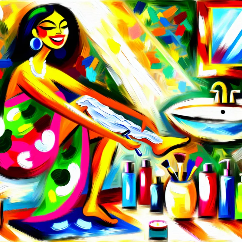 Abstracte afbeelding van een vrouw die haar benen scheert in een zonnige badkamer, omringd door kleurrijke schoonheidsproducten.