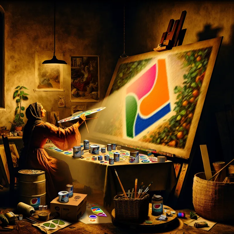 Een vrouw schildert een levendig logo op een doek in een sfeervolle werkplaats, omringd door marketingmateriaal en natuurlijke elementen.