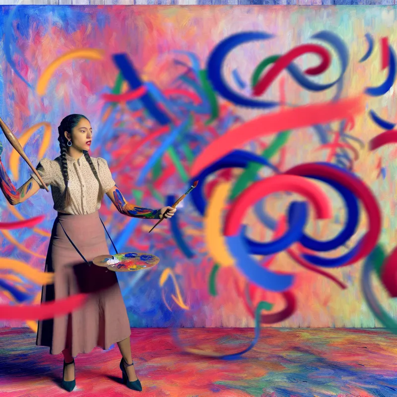 Vrouw schildert een groot abstract canvas met levendige kleuren en woorden die haar emoties uitdrukken.