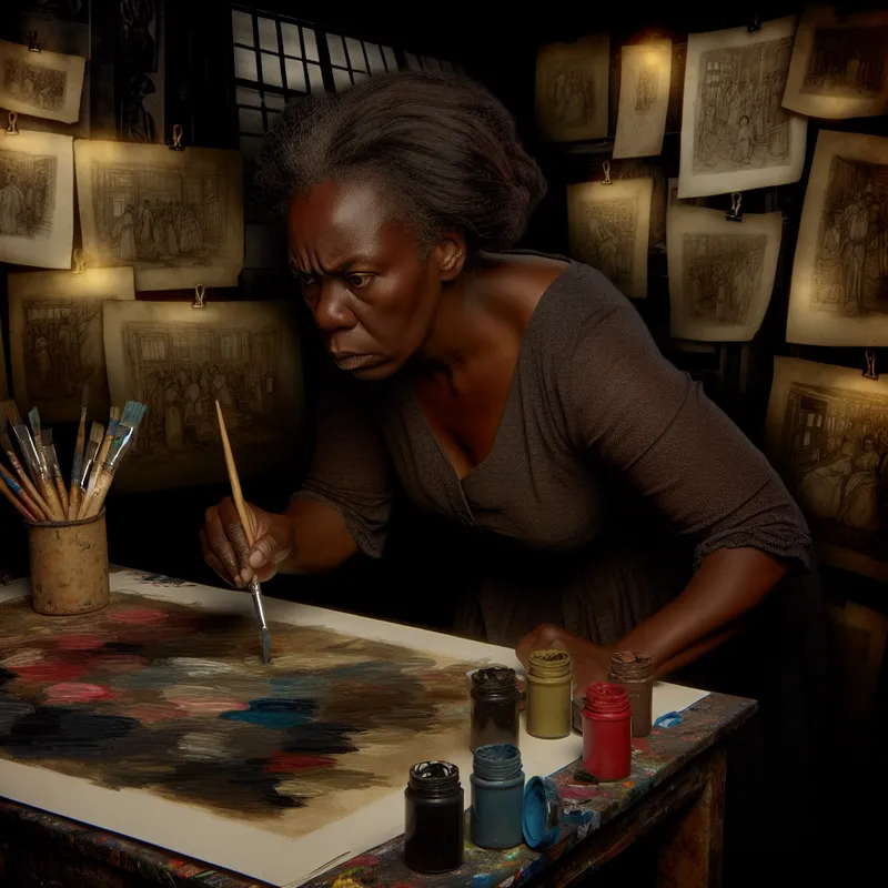 Vrouw schildert geconcentreerd op groot doek in donkere kamer