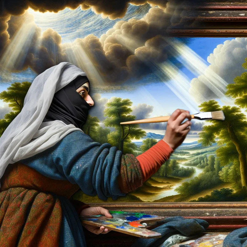 Een vrouw schildert een groot raam met een kwast in een dramatisch, natuurgedreven landschap.