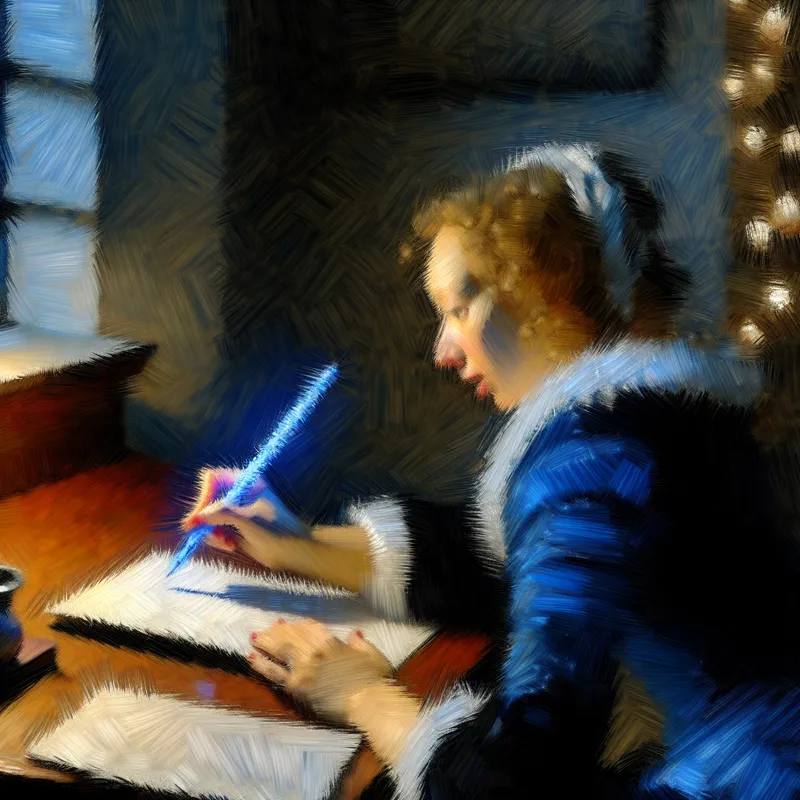 Portret van een vrouw schrijvend met een blauwe pen aan een houten bureau