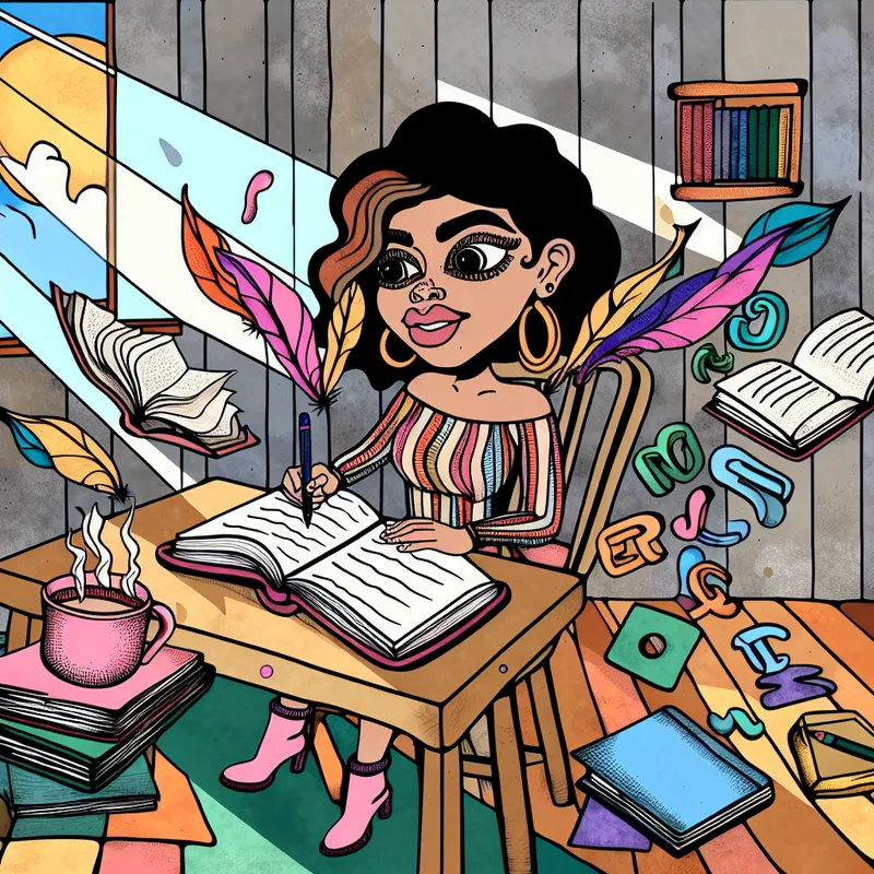 Een jonge vrouw schrijft geconcentreerd in een kleurrijk dagboek aan een grote houten bureau, omringd door levendige stationery en open boeken.