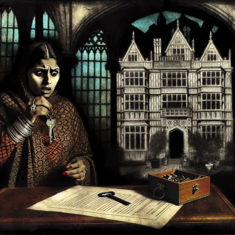 Vrouw in een donkere kamer die bezorgd sleutels vasthoudt, omringd door financiële documenten