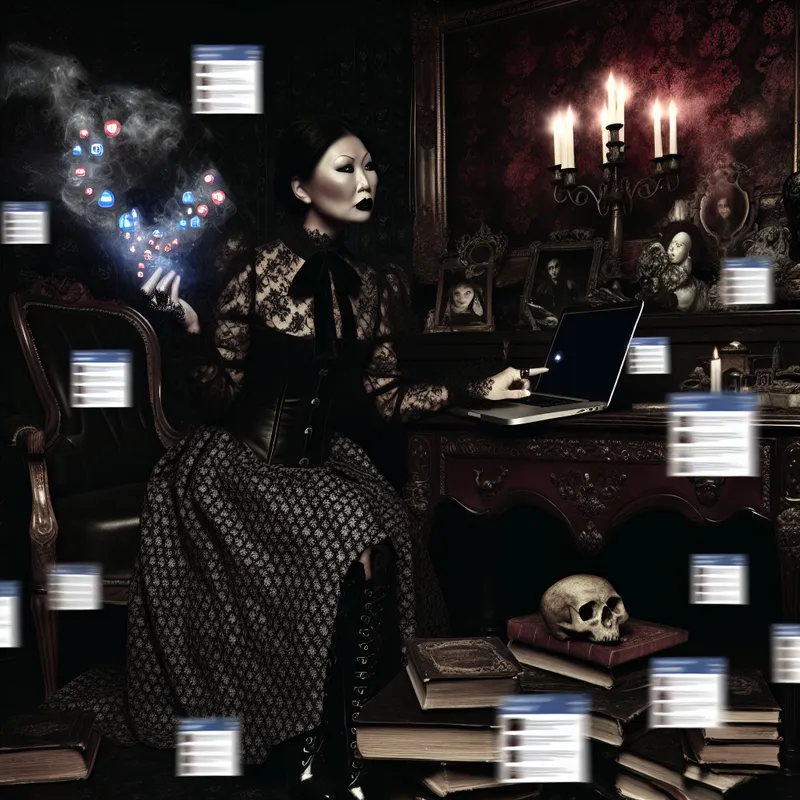 Een vrouw in een elegante vintage kantoorruimte beheert haar sociale media, omgeven door chaotische sociale media-iconen.