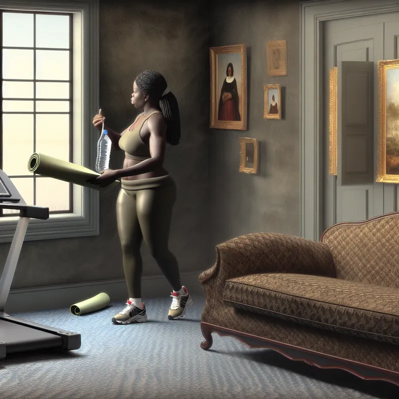 Vrouw in sportkleding met waterfles en yogamat in een elegante woonkamer.