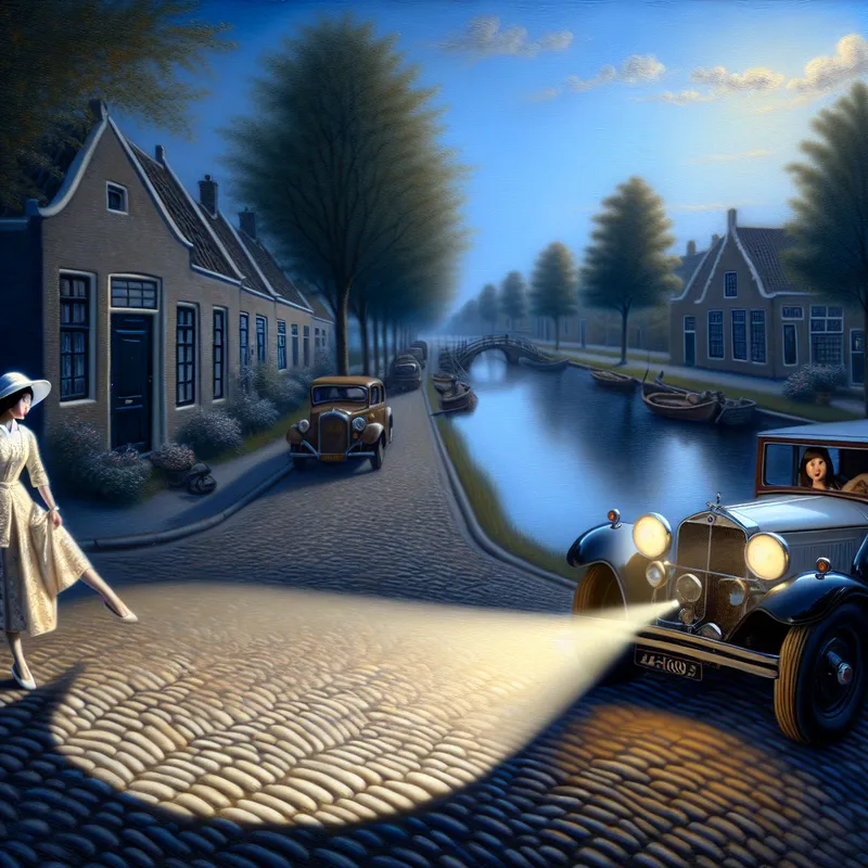 Een vrouw die elegant uit een vintage auto stapt op een rustige, geplaveide straat.